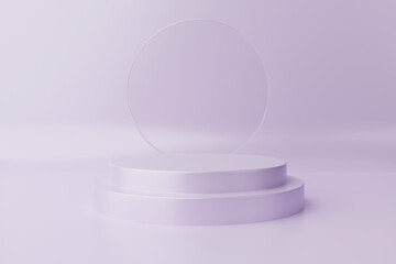 3D circular platform on purple background with minimal horizontal mockup glass wall for product display banner in purple. Modern promotion geometric background with free space