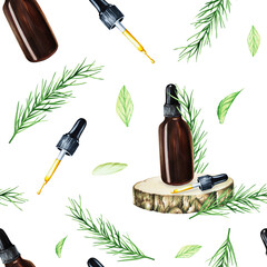 Watercolor seamless pattern illustration with bottle of serum, cream with pipette on a wooden saw and fresh rosemary isolated on background. Detail of beauty products and botany set, cosme