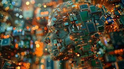 Conceptual artwork featuring a human head profile adorned with electronic chip elements, symbolizing the integration of technology into everyday life