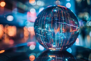 A glass globe reflecting a cityscape in the background, symbolizing data analytics and predictive power