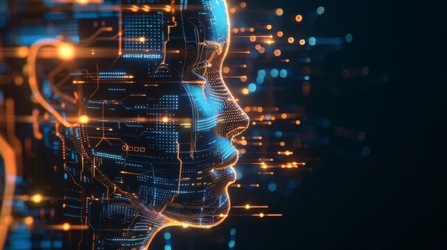 Futuristic human profile illustration integrated with electronic chip concept, symbolizing the convergence of technology and humanity