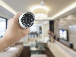 A person is holding a camera in a living room. The room is well-lit and has a modern design