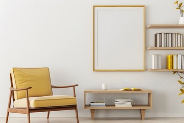 Fototapeta na wymiar Frame size 2:1, minimalist and neutral mid-century modern living room with Coutch and books