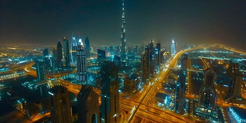 Skyline panorama of the high-rise buildings on Sheikh Zayed Road in Dubai aerial night to day transition timelapse, UAE. generative ai 