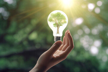 Hand holding bulb with green tree