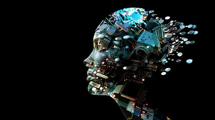 Modern digital illustration of a human head profile with electronic chip motifs, highlighting the fusion of human intelligence and technological advancement - obrazy, fototapety, plakaty