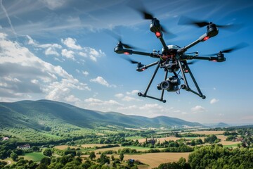 Fototapeta na wymiar A quadcopter drone flies over a vibrant green valley, capturing aerial data for analysis and planning purposes