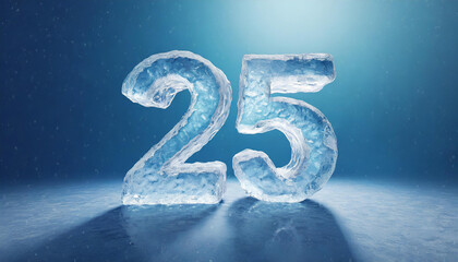 Number 25 made of water ice on blue background. Cold figure. 3D rendering.