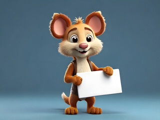 A Playful Cartoon Animal Character Holding an Empty Sign, Ready for Your Text or Message, in 3D...