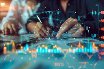 A financial advisor explains investment strategies to a client while both work on a laptop at a table, with abstract overlays of market trends visible