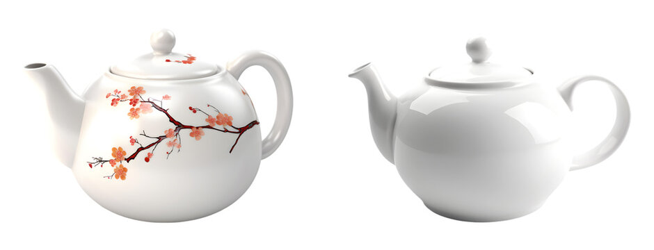 Set of white porcelain teapots. Japanese teapot on the transparent background.