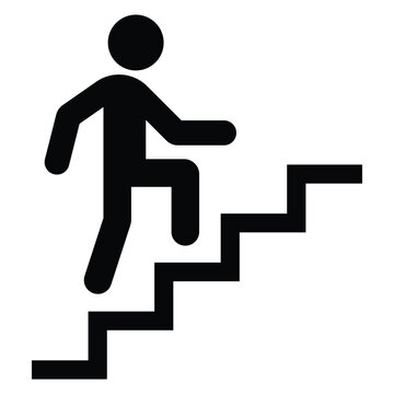 Stairs icon. Walking up staircase or stairs sign flat vector icon for apps and print. Man climbing stairs. Black silhouette. Vector illustration.