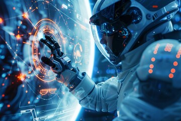 A man in a space suit holds a futuristic device, interacting with virtual data interfaces representing enhanced technology - obrazy, fototapety, plakaty