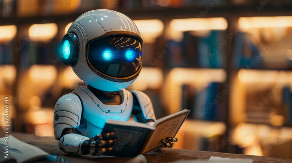 Poster ai robot reading a book in the library. collaboratively studying from a vast array of textbooks. mac