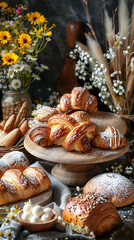 Fresh bread and croissants lying on a rustic table. Ai generative. - 770671709
