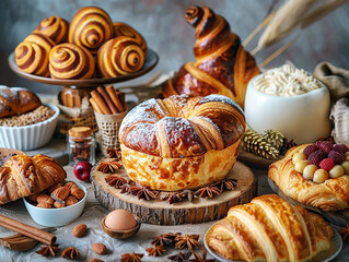 Fresh bread and croissants lying on a rustic table. Ai generative. - 770671743