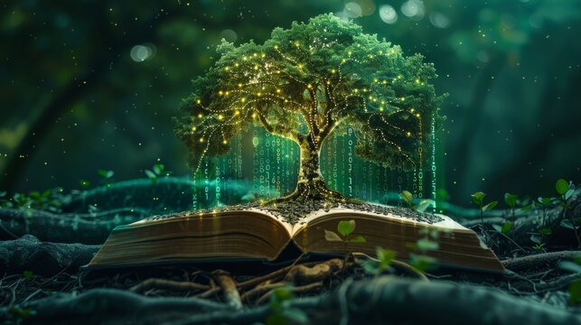 Wisdom tree with roots in books and branches in digital code, knowledge growth