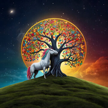Magical horse under a colourful tree