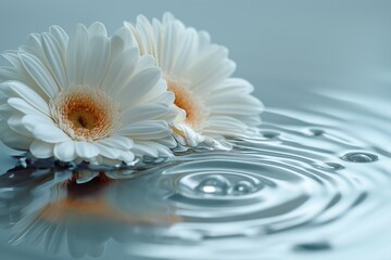 Gerbera daisies rest on water, their reflection and ripples merging in a tranquil still life