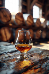 glass of whisky positioned elegantly on a rustic wooden table, with a whisky barrel visible in the background. AI generative. - 770672155