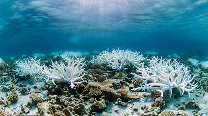 Fototapeta na wymiar Coral reefs bleaching in shallow waters a stark indicator of ocean warming and acidification.