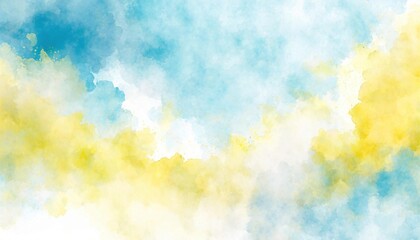 Artistic blue, yellow and white watercolor background with abstract cloudy sky concept. Grunge abstract paint splash artwork illustration. Beautiful abstract fog cloudscape wallpaper. - obrazy, fototapety, plakaty