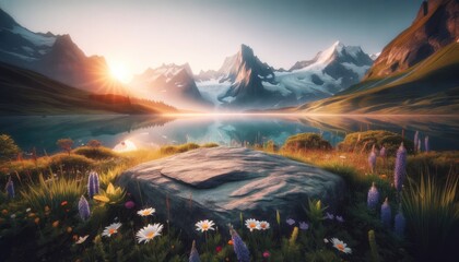 The sun casting golden rays over a flower filled meadow with majestic mountain peaks in the distance.