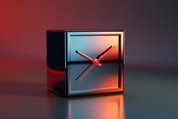 a square clock showing time  in light neon color