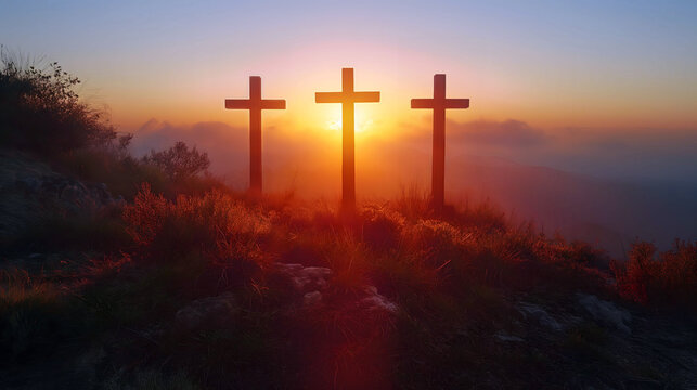 Three crosses on a hill at sunset and blue sky