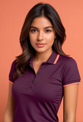 Fototapeta premium Attractive young woman in a purple polo shirt posing against a peach background, ideal for fashion and cosmetics advertising, International Women's Day content