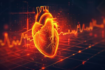 Human heart on ecg graph background 3d illustration