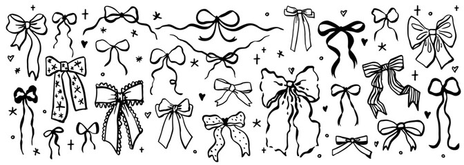 Set of various doodle ink bow knots, gift ribbons. Trendy hair braiding accessory. Hand drawn vector illustration. Minimalist tattoo sketch. 