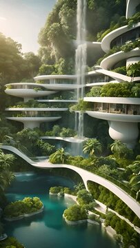 futuristic green city buildings with waterfalls and pools