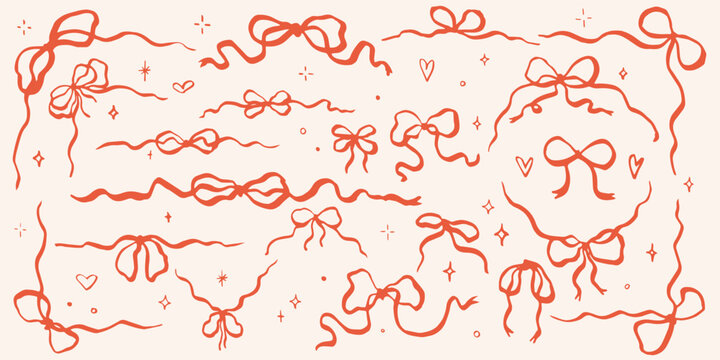 Set of various doodle ink bow knots, gift ribbons. Trendy hair braiding accessory. Hand drawn vector illustration. Minimalist tattoo sketch. 