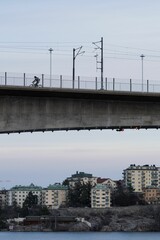 A vertical shot of a bridge over the water with buildings in the background