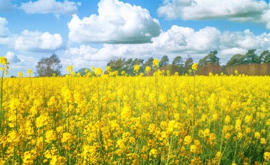Fototapeta premium A field of yellow flowers with a blue sky in the background
