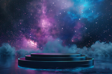 Step onto a futuristic deep space starry 3D podium, where imagination meets cosmic innovation and stellar elegance
