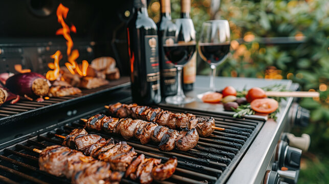 Gourmet steaks and red wine set the scene for an elegant outdoor barbecue party.