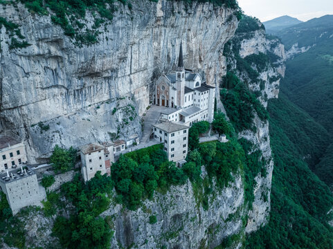Aerial view of Sanctuario Madonna della corona church, Ferrara di Monte Baldo, Italy.