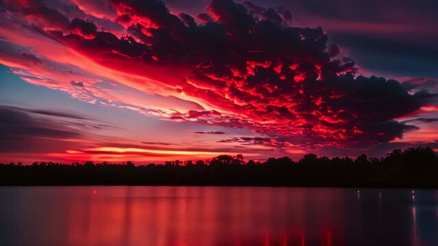 Video animation of captures a breathtaking sunset with fiery red and orange hues painting the sky, sky are illuminated with intense colors and appear dynamic and dramatic