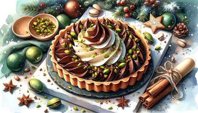 Watercolor Painting of Chocolate Cardamom Cream Tart with Pistachio-Sesame Brittle