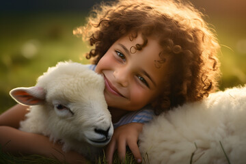 Cute little smile girl hugging a sheep on a farm. Animal love concept.