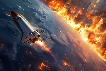 Naklejka na ściany i meble Space shuttle reentering Earths atmosphere with fiery plasma trails filling the sky