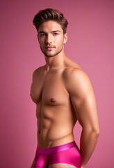 Fototapeta premium Fit young Caucasian man in pink underwear posing against a pink background, evoking concepts of Valentine's Day and men's health awareness