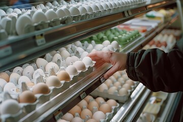 A hand reaches for a carton of eggs in a refrigerated display case with rows of products