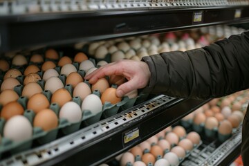 A hand reaching for a carton of eggs in a refrigerated display case with rows of products