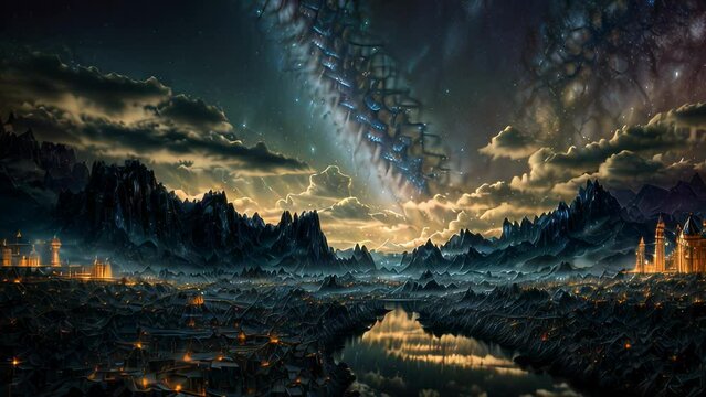 Video animation of mystical landscape at dusk. Towering mountains frame the scene, their rugged surfaces etched with intricate details. Above, the sky is filled with dramatic