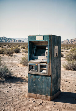 Lonely old abandoned ATM in the desert. Generative AI