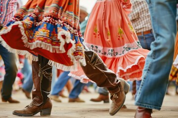 A group of people in colorful dresses and boots enjoying a lively square dance at a country hoedown
