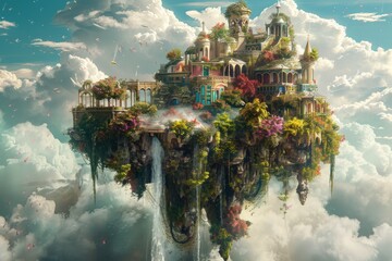Floating island in the clouds with a waterfall flowing from it, adorned with colorful flora, creating a fantastical scene